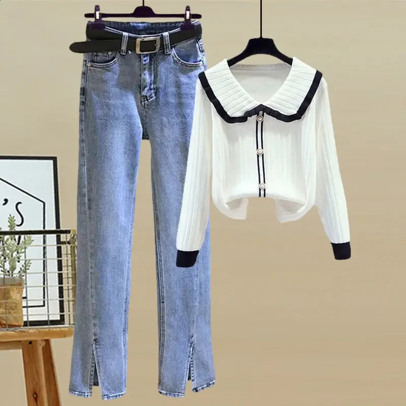 Korean-style Tweed Suit Womens Ribbed Doll Collar Knitted Top High-waisted Straight-leg Side Slit Jeans Casual Dress Set 240829
