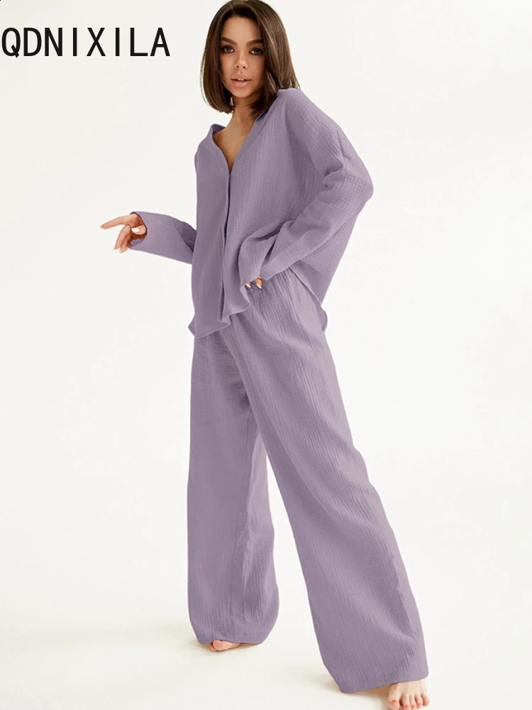 Pantalon féminin d'été ensemble en V col en pyjamas en coton pantalon large de jambe à manches longues à manches longues en jeu 2 pièces pour fem