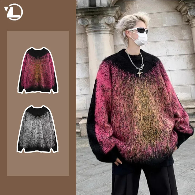 Mens Plush Knitted Sweater Hip Hop Street Bandhnu Fashion Loose Floral Couple Street Clothing Color Block Casual Knitted Top 2024 Edition 240829