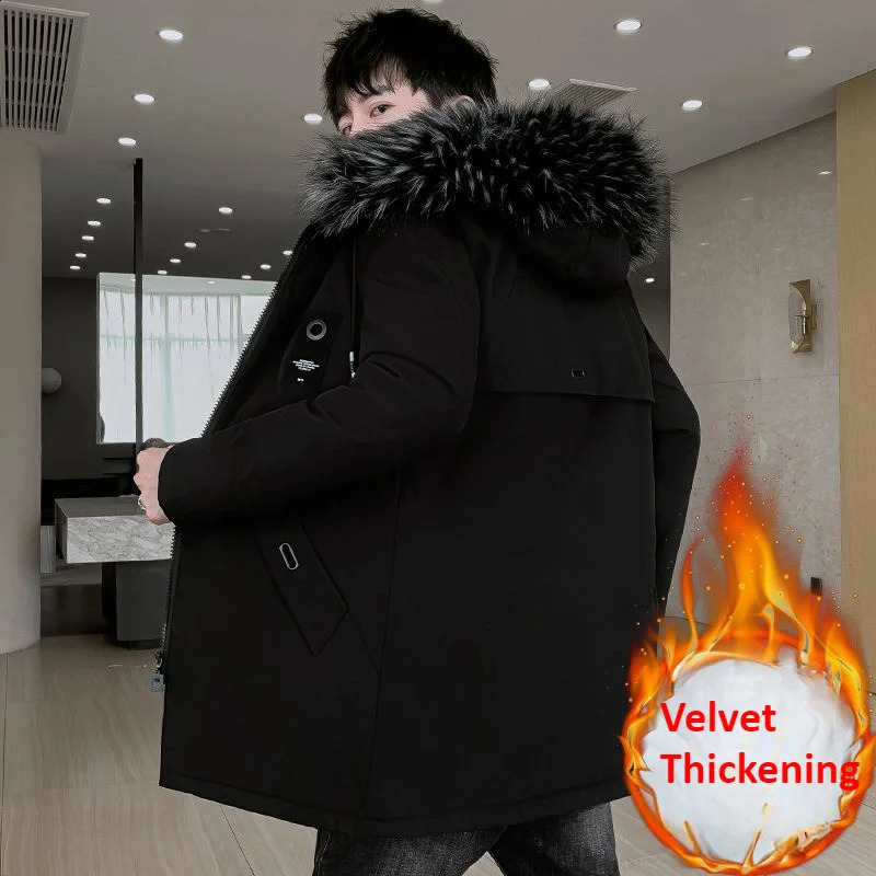 Winter Padded Coat MenS Fashion Mid-length Casual Versatile Hooded Jacket Plus Velvet Lined Cold-proof Loose Parkas 240830