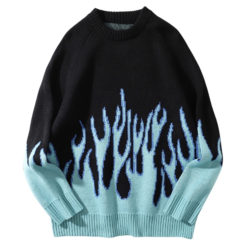 Graduation Flame Sweater Mens Pulleys Autumn Winter Knitted Korean Loose Oversized Sweater Hip Hop Street Clothing Retro Knitted 240829