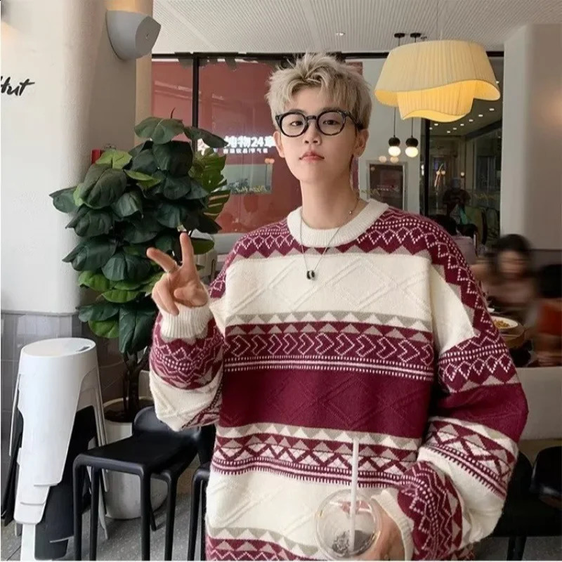 Argyll Couple American Style Vintage Knitted Sweater Idle Japanese Style Loose Fit Striped Top Autumn Winter For Men Women 240829