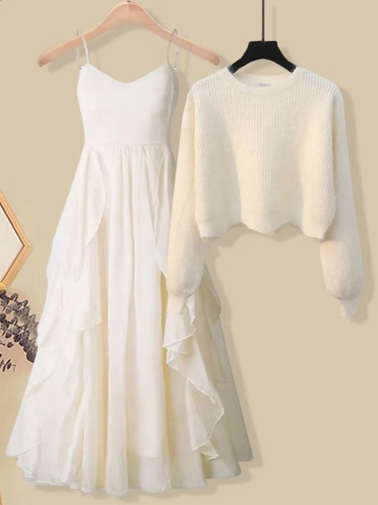 Fall Winter Sweet 2 Pieces Sets For Women Outfits Korean Casual Knitted Sweater Topsstraped Ruffles Patchwork Chiffon Dress Set 240829