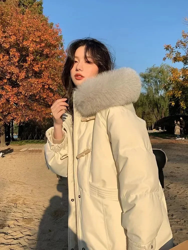 Winter Casual Single Breasted Fur Hooded Parkas Jacket Women Y2k Fashion Oversized Outerwear Warm Thick Zipper Solid Coat 240830