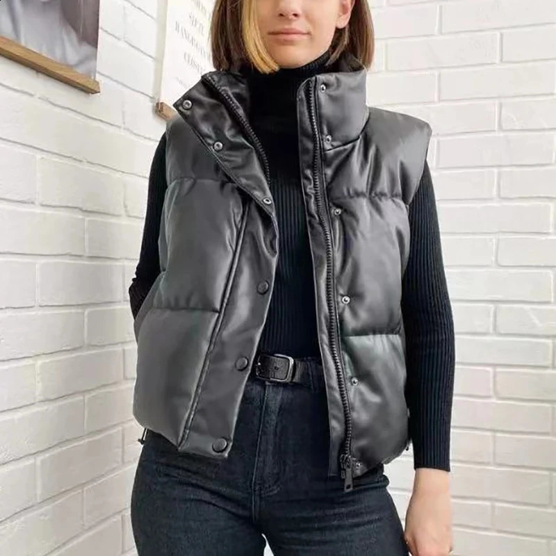 Autumn and winter Pu leather vest womens sleeveless jacket womens Puffy solid down jacket white Duck down jacket 240830