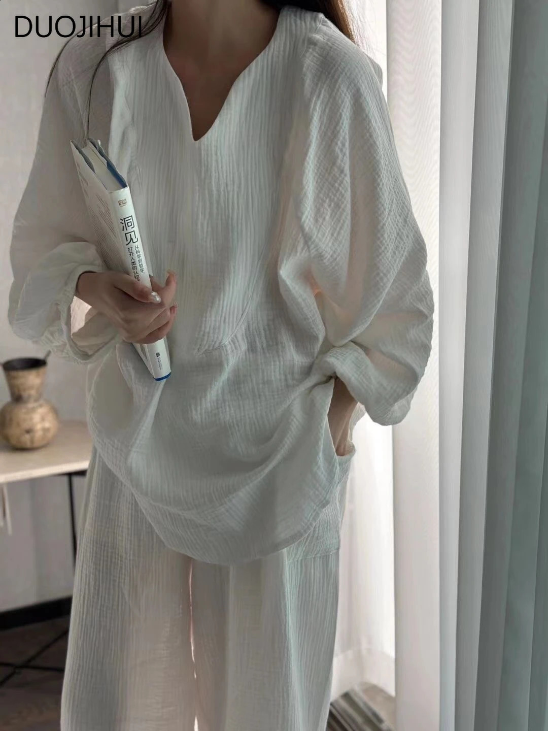 DUOJIHUI Korean solid color casual womens sleepwear basic long sleeved floral simple pants fashionable sleepwear set 240829