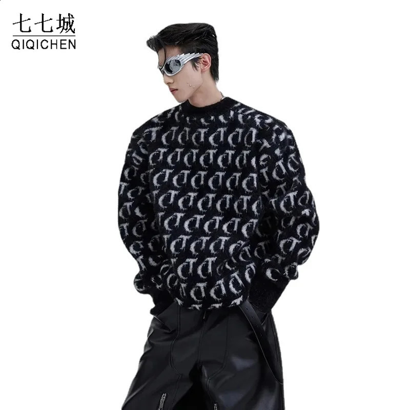 Winter mens sweater hip-hop round neck letter printing oversized knitted floral fashion casual loose jumping unisex streetwear 240829