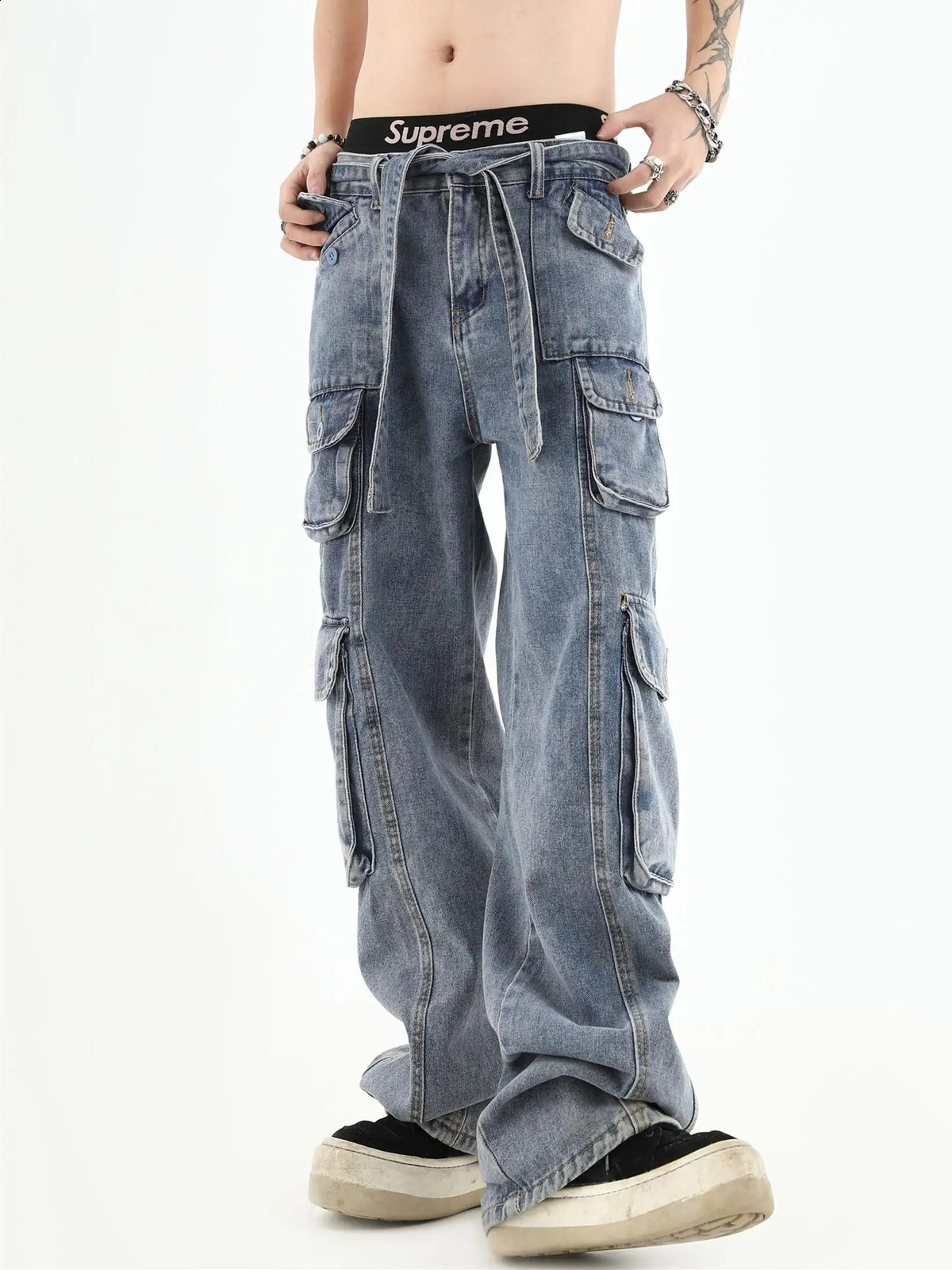 American Street Men and Women Trendy Straight Hip Hop Multi Pocket Personalized Jeans Summer Workwear Wide Leg Casual Pants y2k 240829
