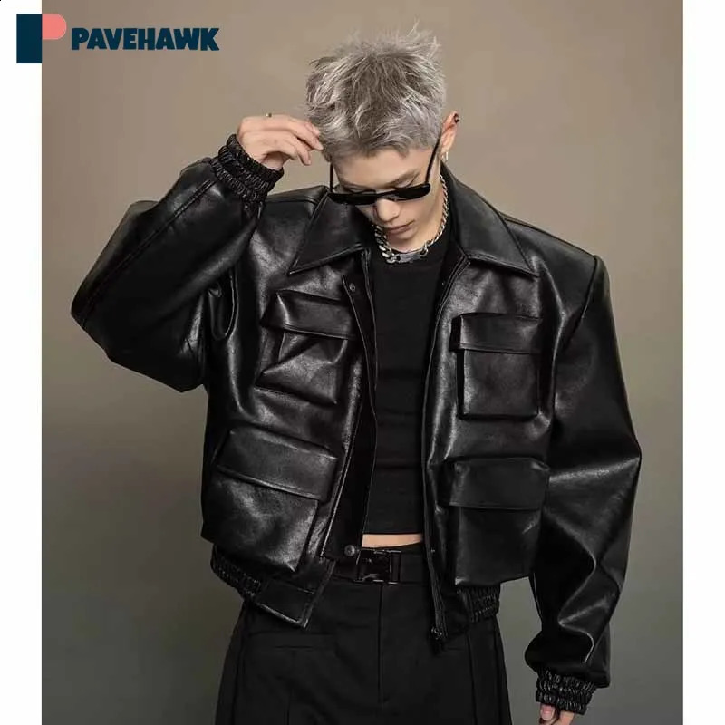 Multi Pocket n Motorcycle Leather Jackets Men High Street Loose Lapel Short Cargo Coats Male Hip Hop Bomber PU Outerwear 240826