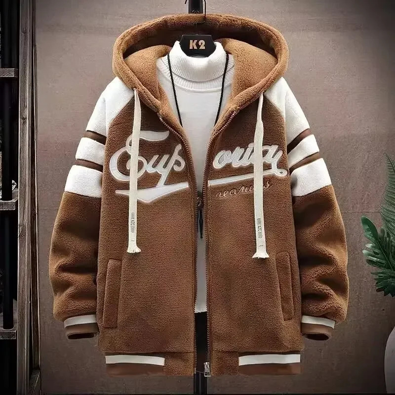 Autumn/Winter Wool Lined Sheepskin Jacket Mens Thick Sweater Hooded Jacket Cotton Lined Jacket Casual Style 240829
