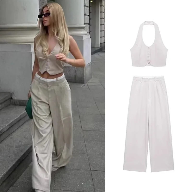 greatguy Women Fashion Chic Tank Top Pants Sets Female Tailored Fitted Halter Waistcoats Elastic Waist Leg Ladies Outfits 240829