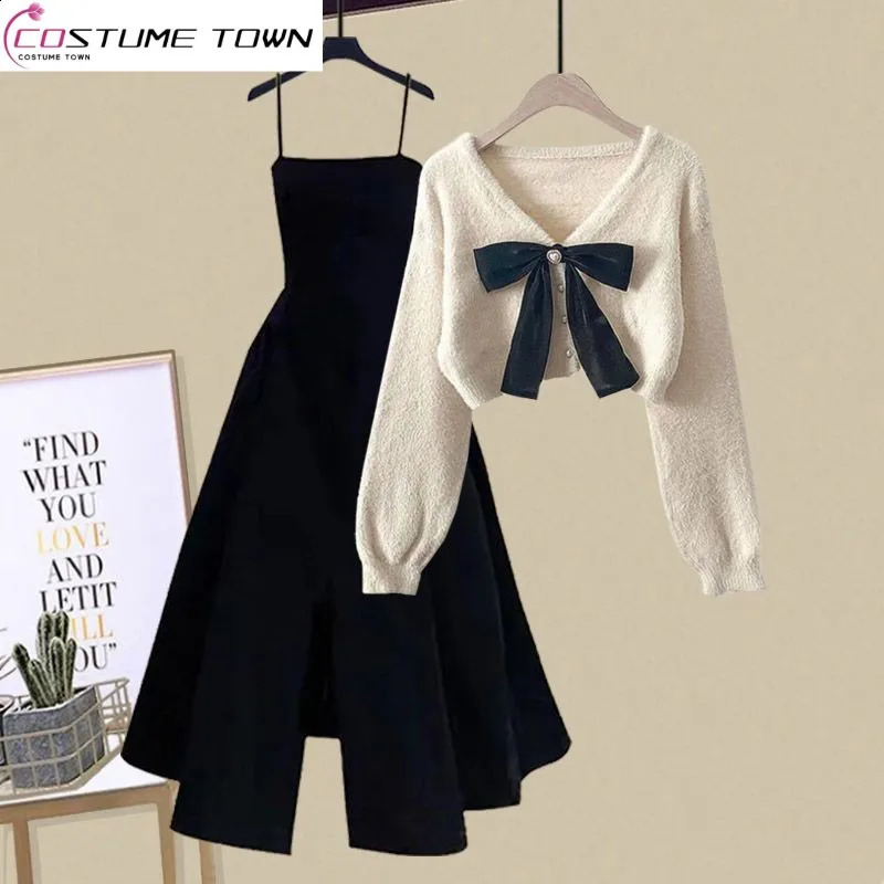 Autumn and Winter Fashion Set Womens Korean Casual Knitted Sweater Slim Strap Dress Two Piece Set 240829