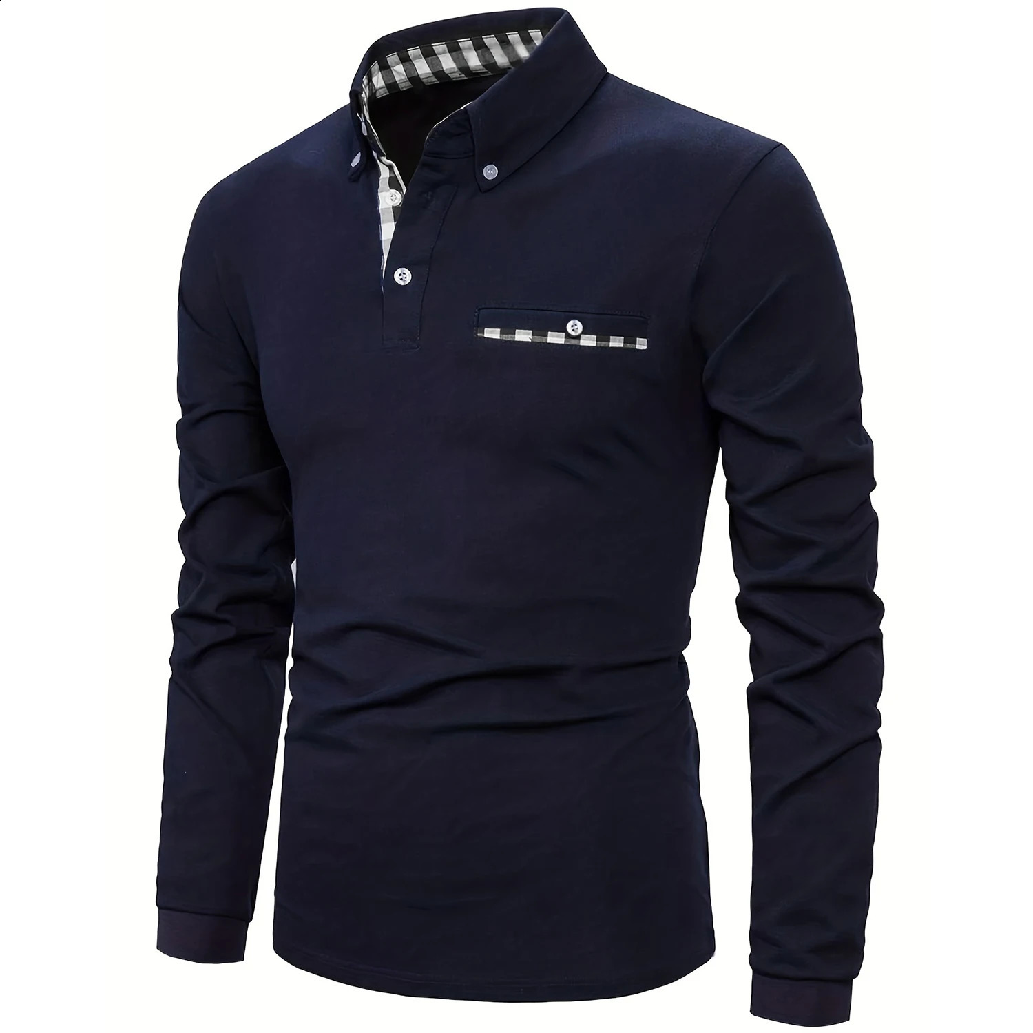 2023 Autumn Fashion Mens Long Sleeve Solid Color Classic Polo Shirt Casual Business Patchwork Plaid Collared Shirts for Men 240829