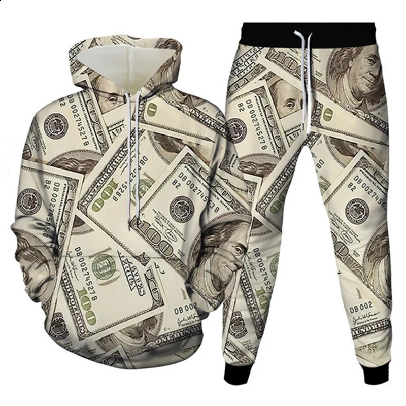 Poker Money 3D printed mens sportswear set fashionable casual hooded sweatshirtpants 2-piece set oversized zipper trend streetwear mens suit 2408