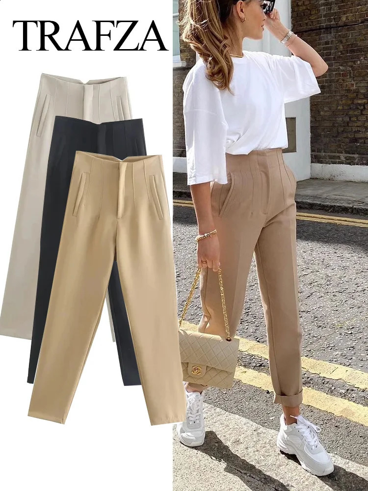 TRAFZA 2024 Womens Fashion Solid Pencil Pants Office Womens Ultra Thin Fit High Waist Zipper Flying Black Pants Street Inkless Roupa 240829