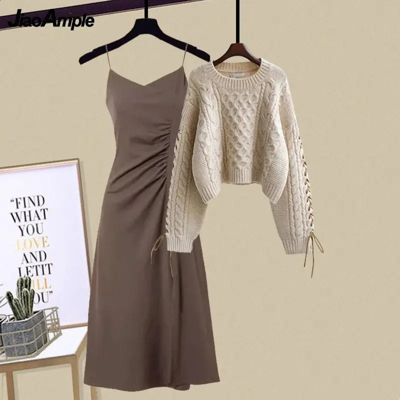 Ensemble d'automne / hiver Ensemble pour femmes en tricot en tricot en tricot robe à deux pièces coréen élégant pull midi jupe 240829