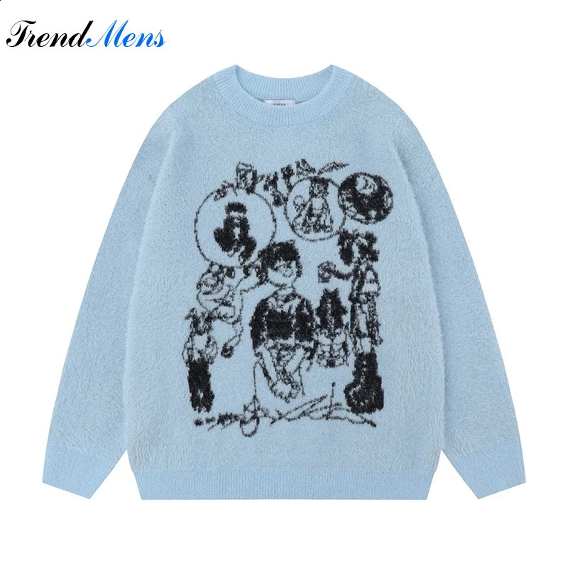 Mens Cartoon Jacquard Knitwear Fleece Warm Comfortable Casual Long Sleeved Sweater Loose Street Trend Harajuku Couple Pullover 240829