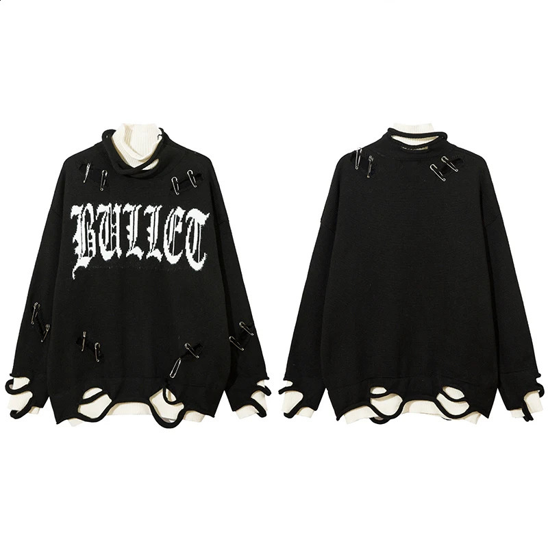 Splicing Color Knitted Sweater with Aperture Brocade Loose Jacquard Letter Pin Sweater Mens Retro Street Casual Zipper Y2k 240829