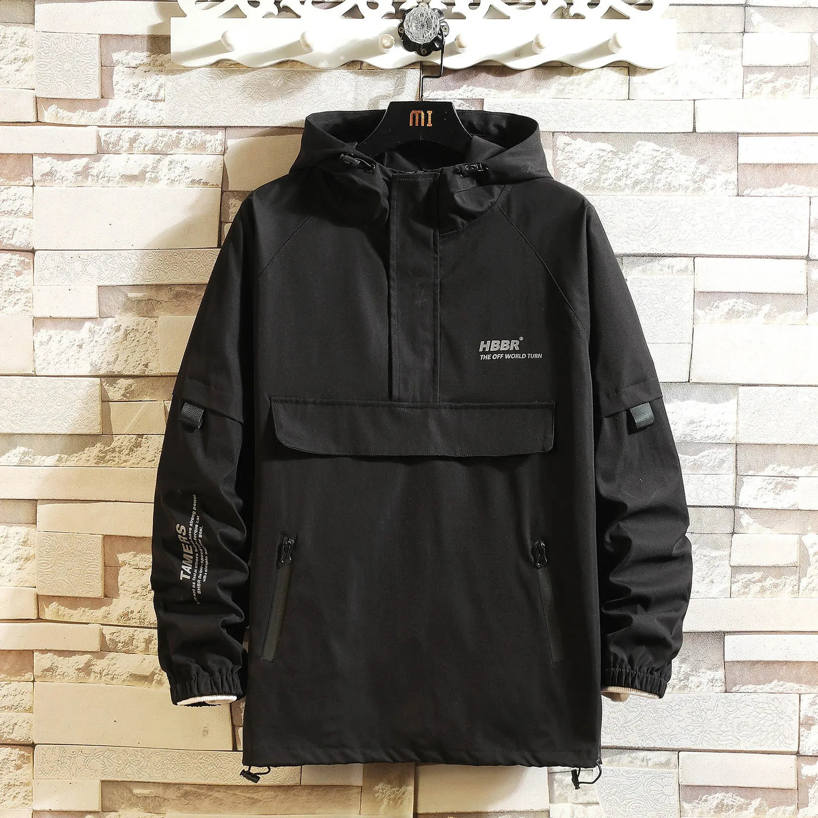 Mens Spring and Autumn One Piece Jacket Trend Zipper Half Zipper Hard Shell Hoodie Mens Windbreaker 240830