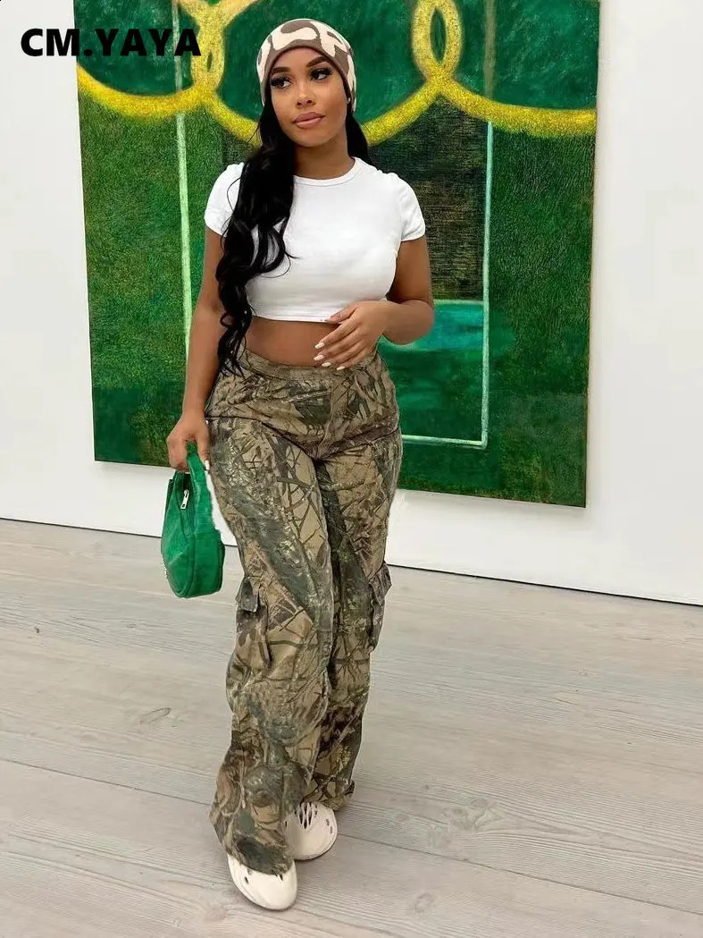 CM.YAYA Womens Camo Straight Wide Leg Pocket Side Cargo Pants Summer Street Fashion Safari Style Trouser 240829