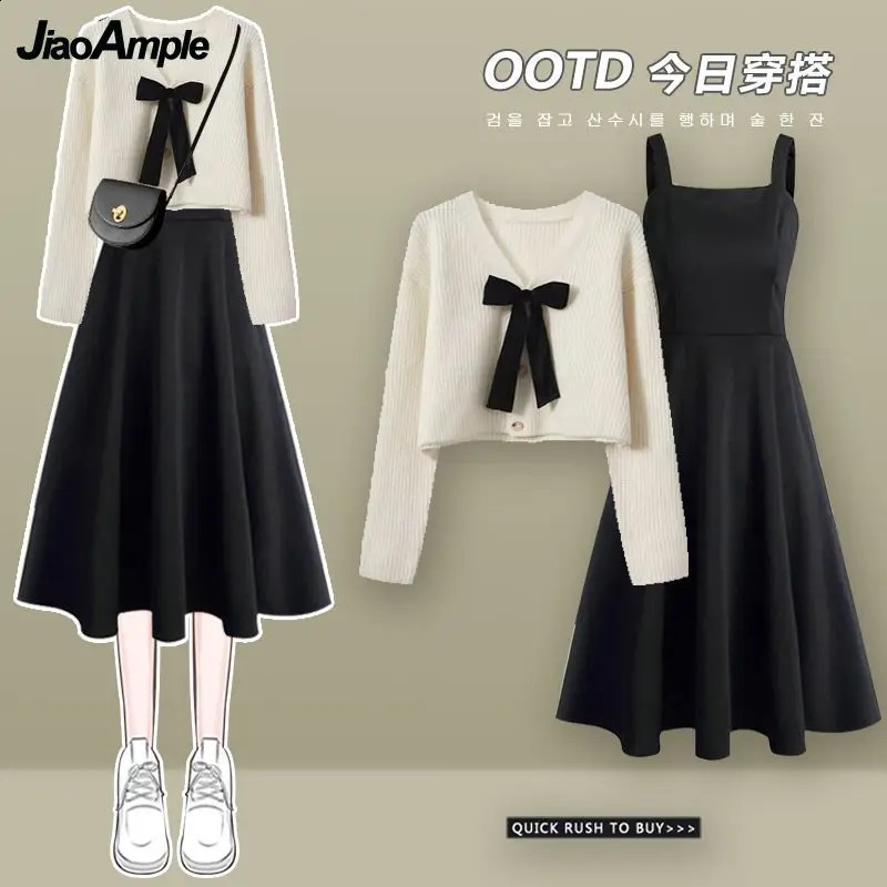 Womens Autumn Winter In Matching Set Korean Elegant Knitted Sweater Coat Black Strap Dress Two Piece Female Clothing Suit 240829