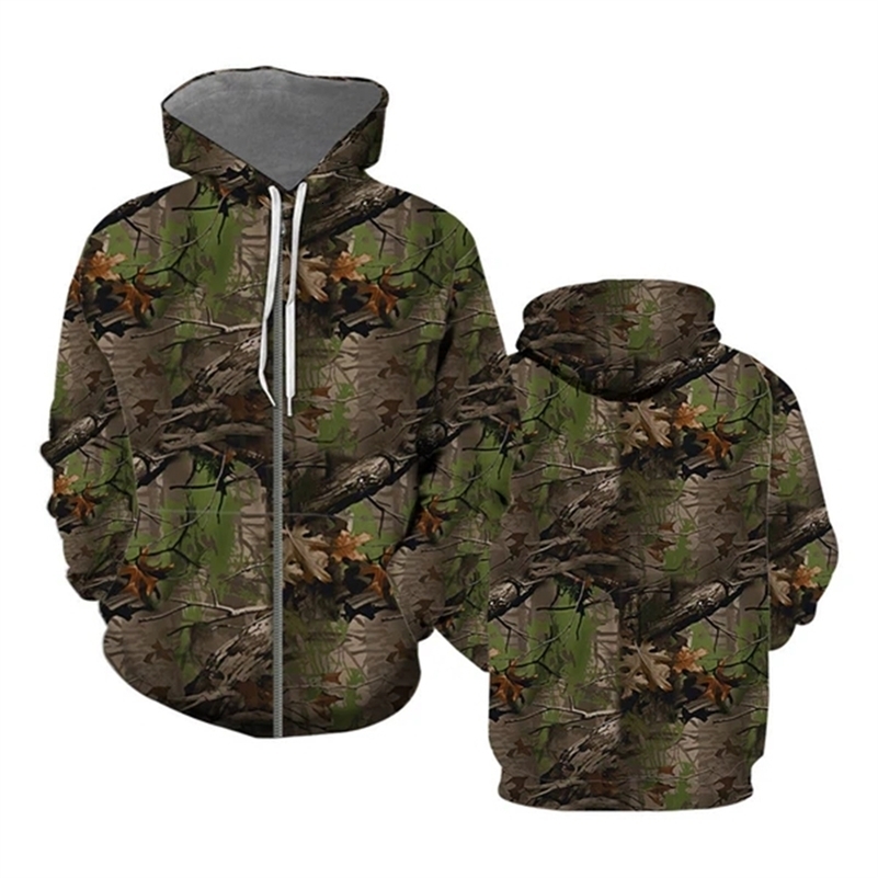 Fashionable mens hooded sweatshirt forest camouflage graphic outdoor spring street clothing casual super large hooded sweater zipper 240829 ww