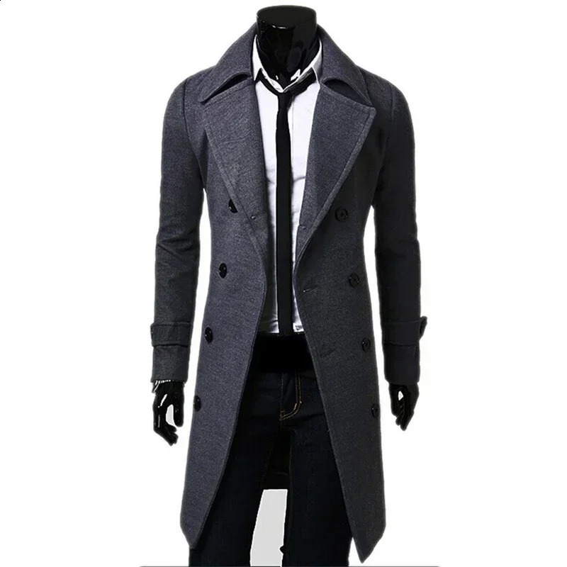 Mens double breasted trench coat wool blend autumn winter solid casual slim fit long jacket wool coat fashion mens clothing 240912