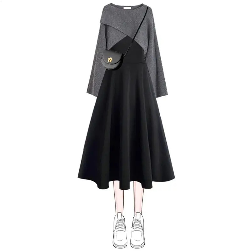 Tricot en deux pièces Femmes Femmes Corée Contrassement Coltal Fall Crop Top et costumes de robe plissés pour femmes Ensembles de robes MIDI 2408