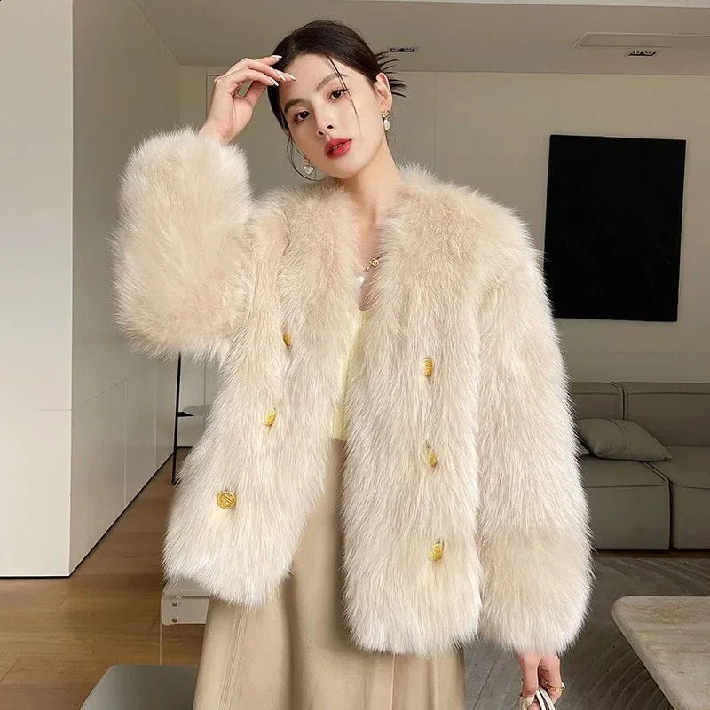 Elegant Womens Imitate Fox Furs Coats Loose V Neck Plush Jackets Autumn Winter Warm Outerwear Korean Faux Fur coat 240829