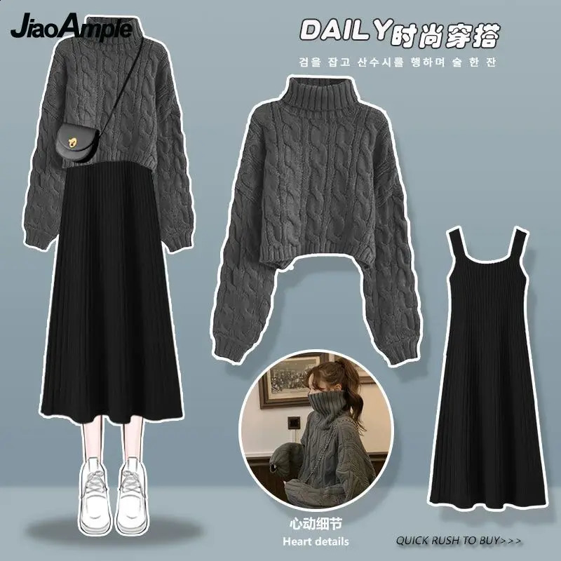 Womens Winter In Matching Set Korean Elegant High Neck Knitted Sweater Sling Dress Two Piece Female Thickened Pullover Suit 240829