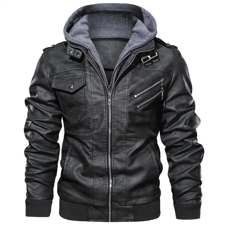 Mens Leather Jacket Motorcycle Armor Hooded PU Coats Tops Autumn Winter Fashion Streetwear Mens Clothing Detachable Cap S-XXXL 240830