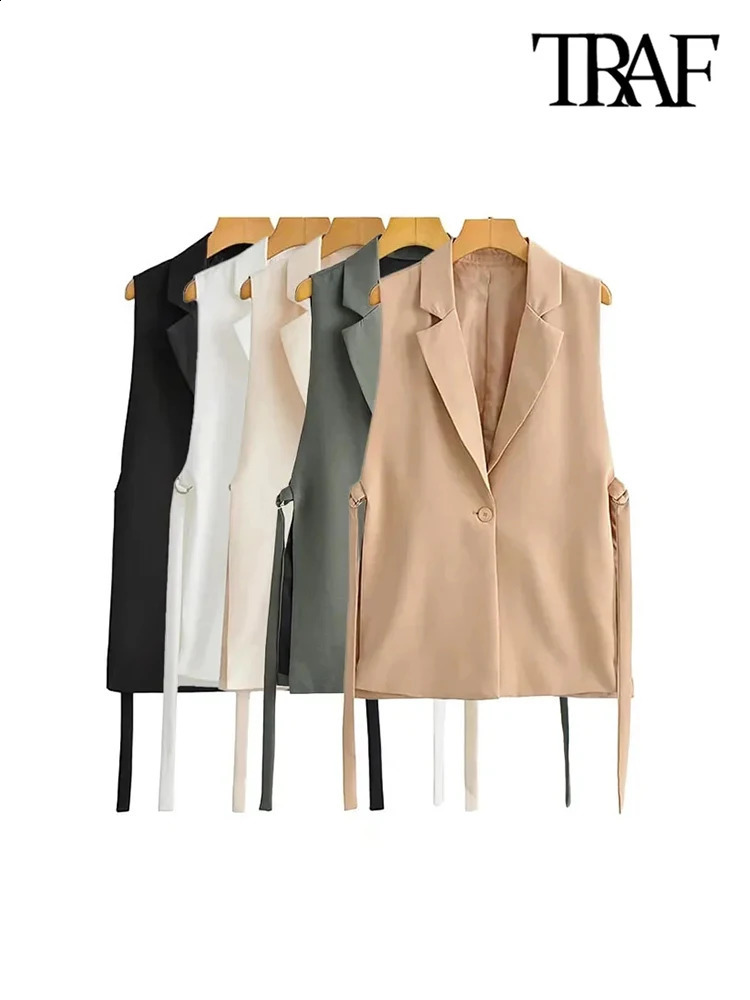 TRAF Women Fashion With Taps Side Vents Waistcoat Vintage Sleeveless Front Button Female Outerwear Chic Vest Tops 240829