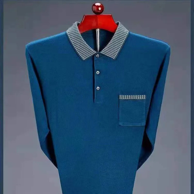 2023 Spring and Autumn Fashion Loose Fit Large Plaid Polo Collar Long Sleeve Real Pocket Versatile Middle Age Mens Top 240829
