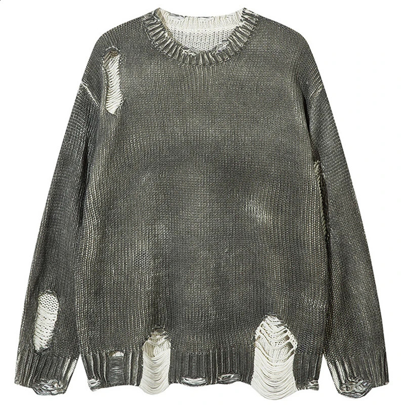 Casual sweater tassel hole irregular American retro mens sweater Y2k streetwear fashionable punk style loose fit 240829