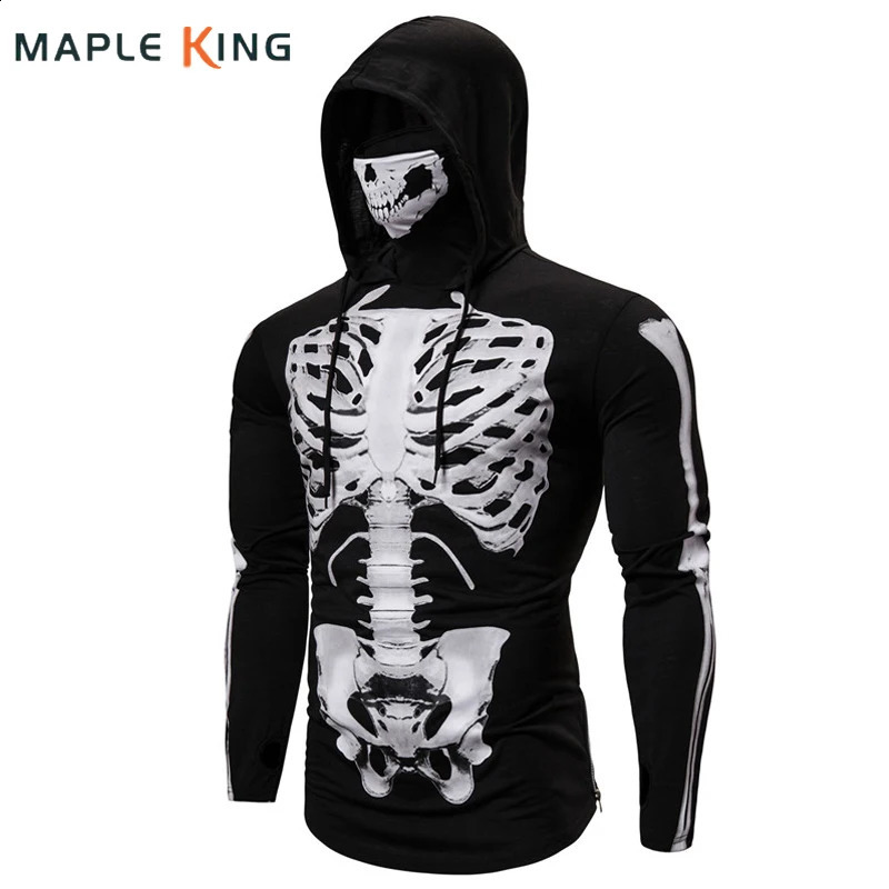 Mens hooded mask skeleton zipper hip-hop hooded sweatshirt top 3D printed skeleton Halloween role-playing Sudadera Harajuku streetwear 240830
