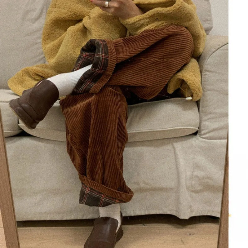 Deeptown Vintage Corduroy Wide Pants Women Japanese Style Oversize Plaid Sweatpants Causal Straight Kawaii Brown Trousers Korean 240829