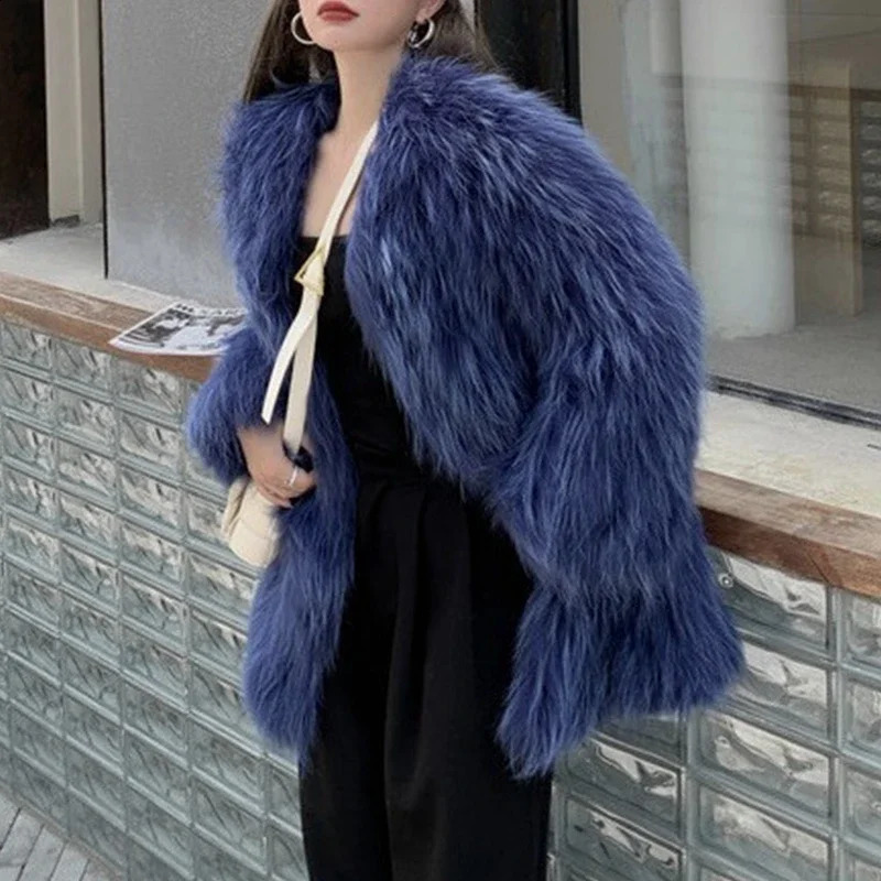 Autumn Winter Faux Fur Coat Womens Solid Color Loose Round Neck Thick Warm Fur Coat Womens Long-Sleeved Cardigan Plush Coat 240829