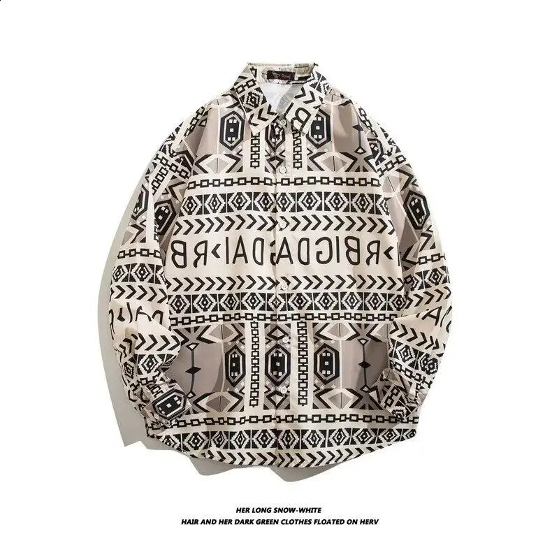 Spring Retro Ethnic Style Mens 2024 Patch Work Collar Button Printed Comfortable Full Match Long Sleeve Shirt 240829