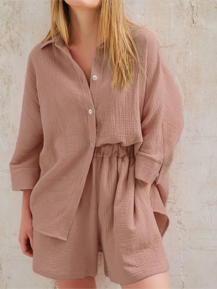 Tenue d'été pour femmes en coton pur ville chaude couleur décontractée de couleurs à manches longues ensemble en deux pièces 240829