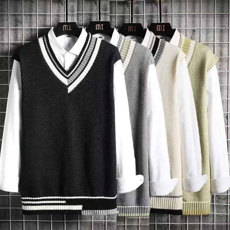 Knitvest Mens V-neck Sweater Tank Top Loose Fit Japanese Style Spring and Autumn Casual Shoulder Tank Top 240829