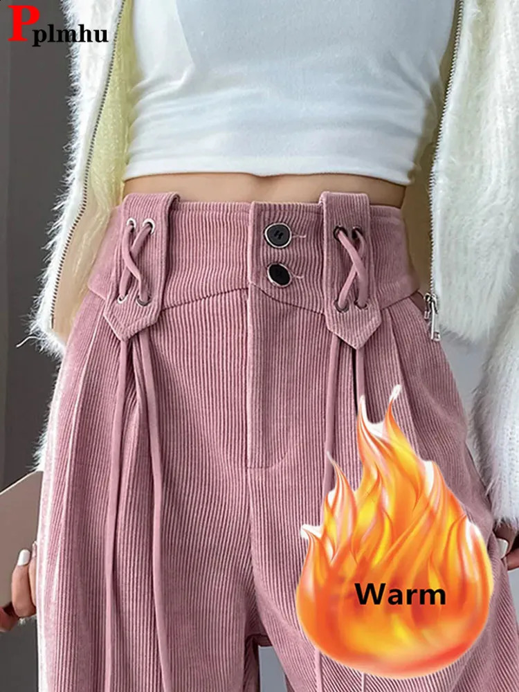 Pantalon de jambe large pour femmes en velours en velours chaud vintage pantalones droites épaisses à lacets décontractés en velours doublé panta