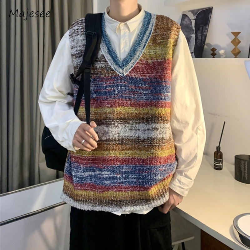Sweater Vest Mens Contrast Color Slow Autumn Full Color American Fashion Couple Knitwear High Street College 240829