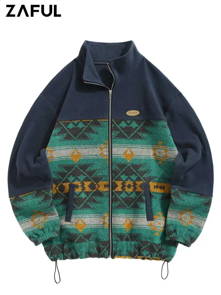 zafull Ethnic Aztec Mens Printed Jacket Blurred Polar Wool Jacket Winter Stand up Collar Zipper Jacket with Pocket Z5114903 240829