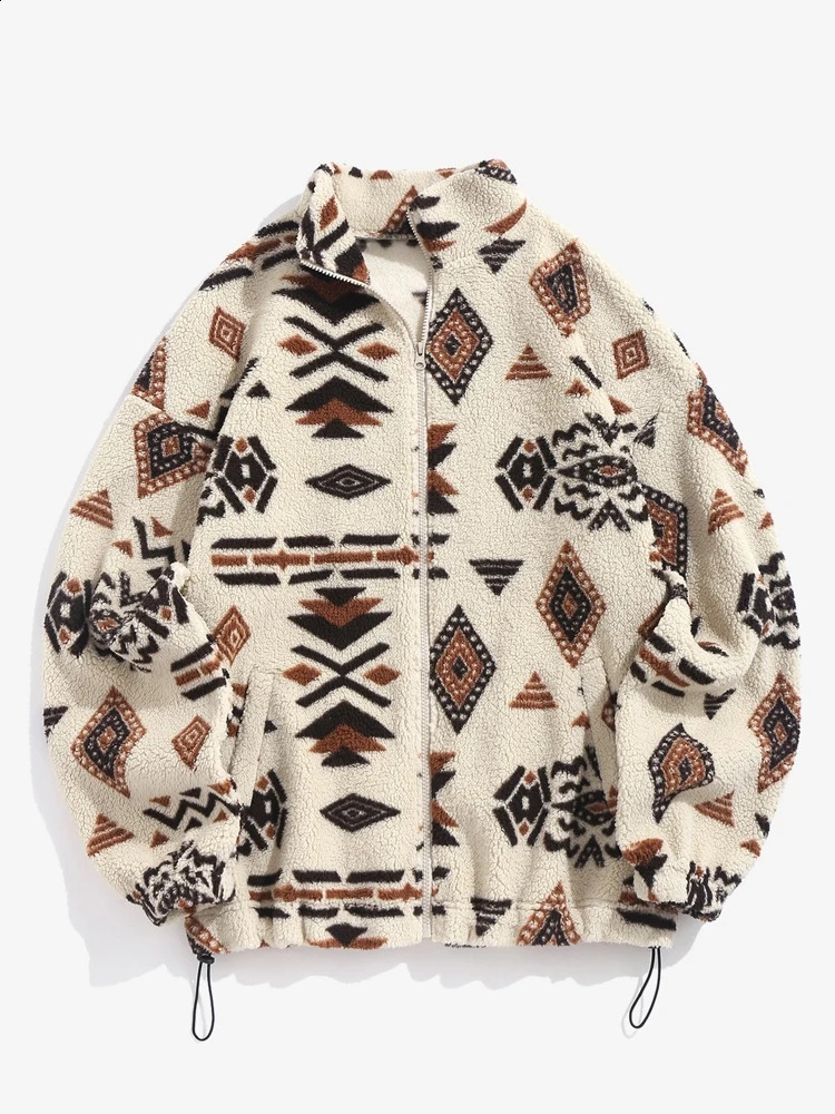 zafull Womens Ethnic Geometric Printed Artificial Fur Switching Brushed Bottom Zipper Shoulder Bracket Collar Coat ZF510631101 240829