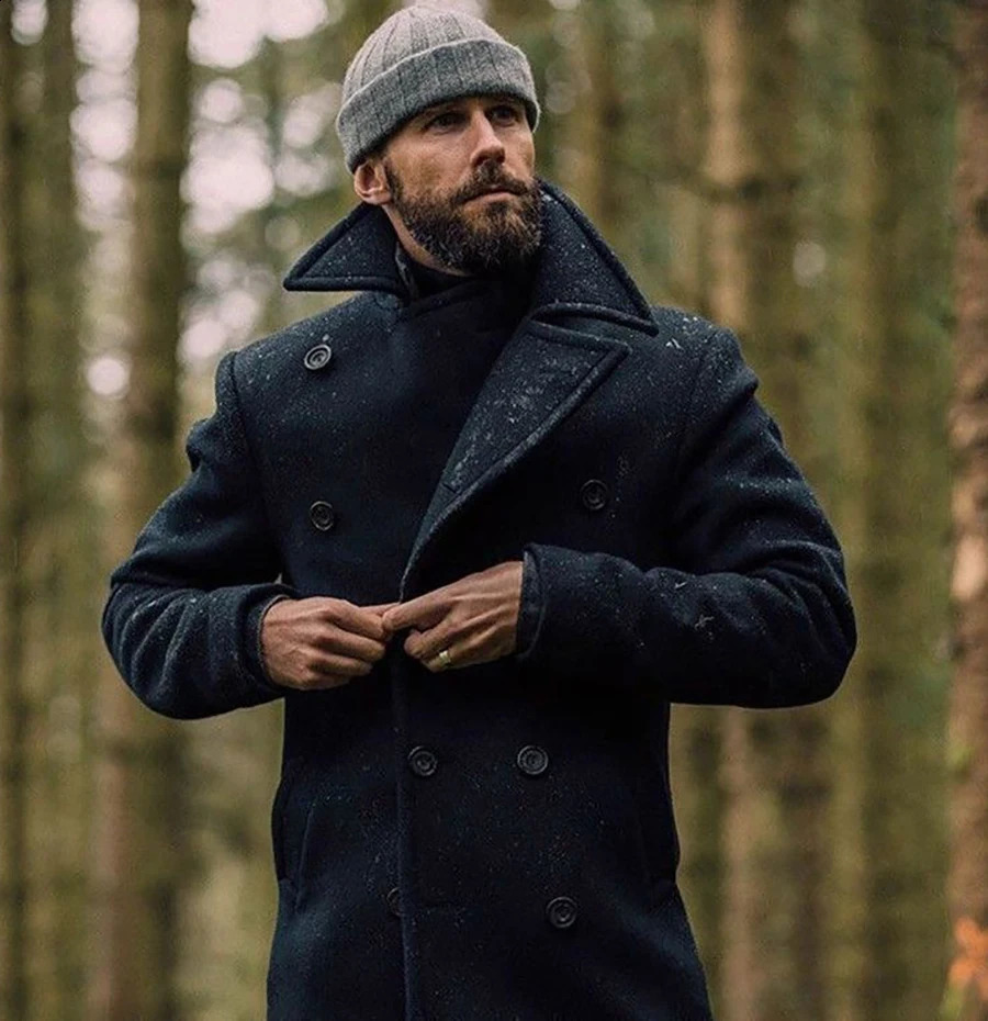 European and American coat high-quality version mens British mid-length autumn and winter long-sleeved woolen coat 240830
