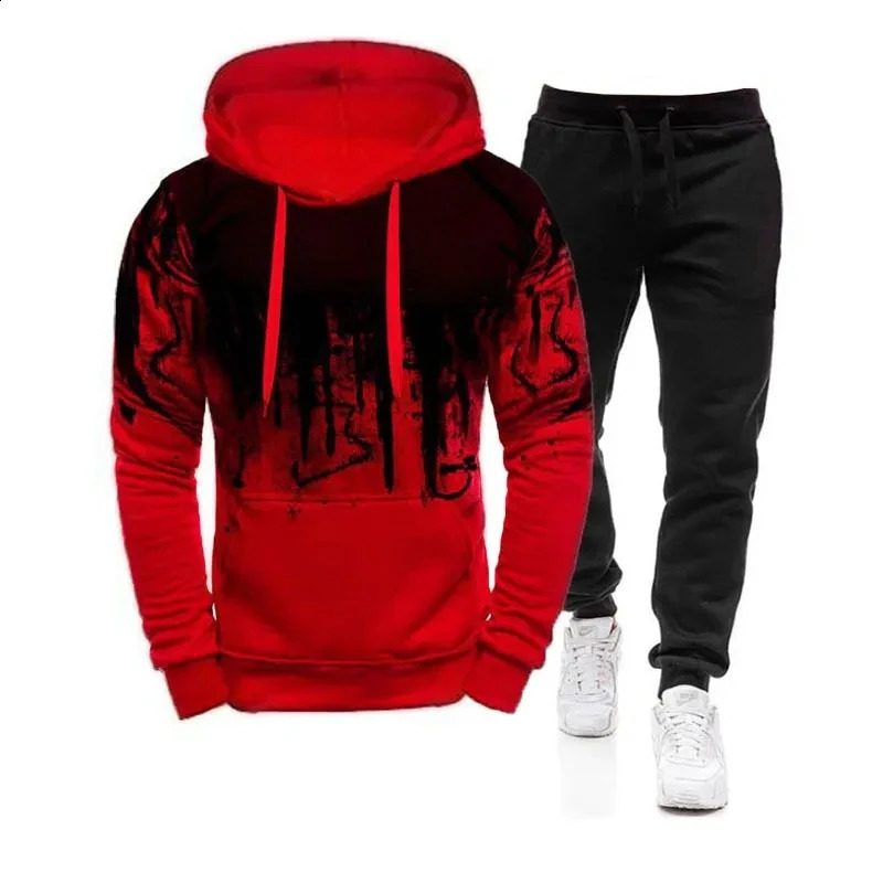 Autumn and winter trend tracking clothing mens camouflage hooded sweatshirtpants 2-piece set sportswear wearing 3D ink jogging suit 240829