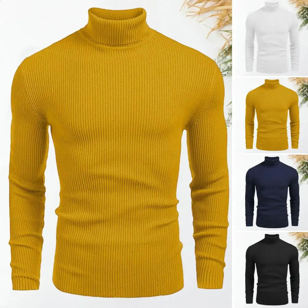 mens high neck sweater solid color floral knit warm and casual turtle neck sweater wool mens winter outdoor top 240829