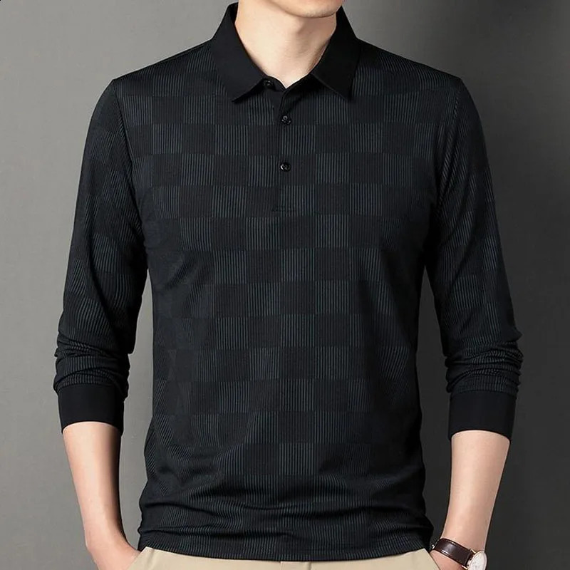Autumn Fashion Trend Square Print Polo Collar Versatile Loose and Slim Long Sleeve Casual Style Middle Old Age Top 240829