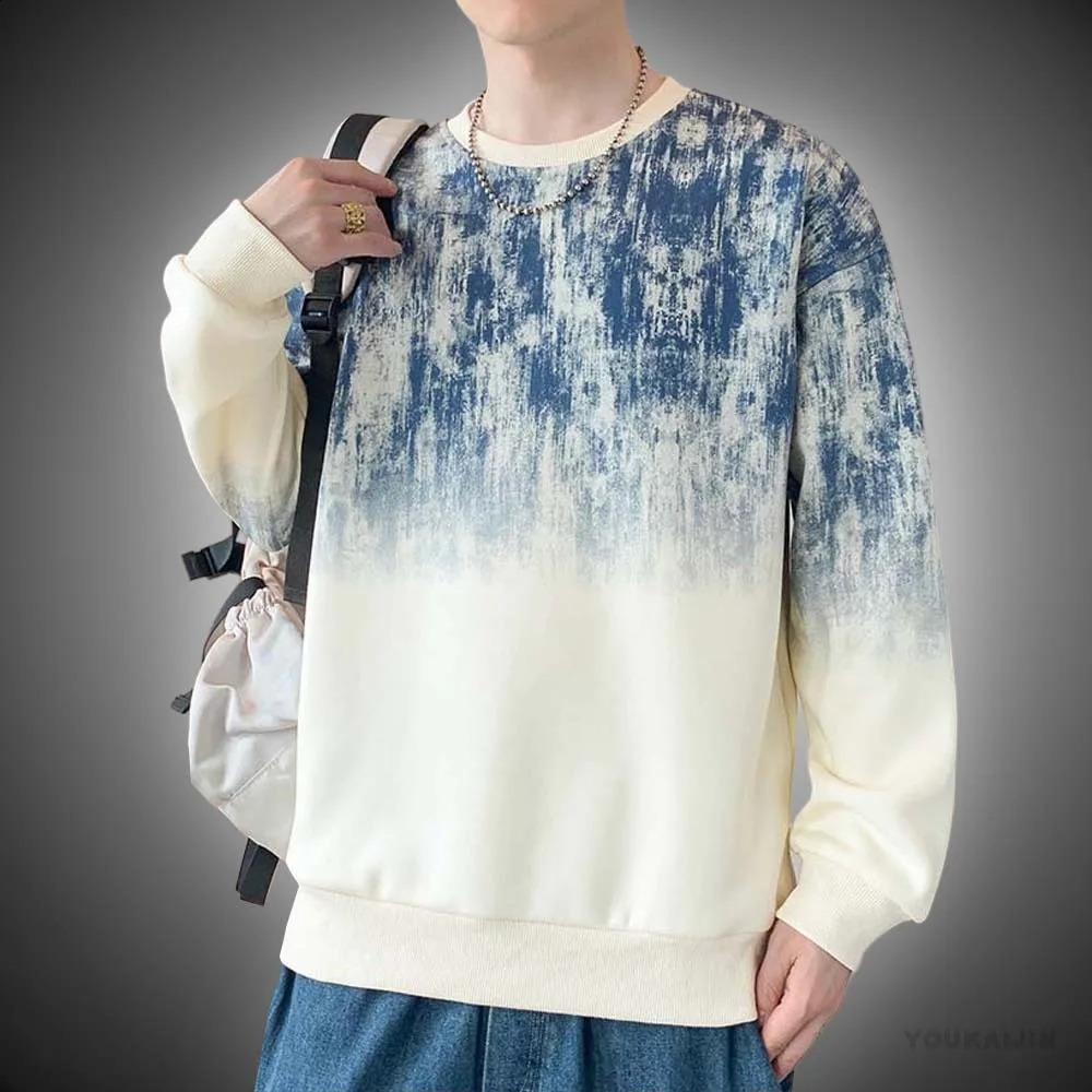 Mens spring and autumn sportswear cool tie dye long sleeved shirt fashionable mens streetwear round neck sportswear 240830