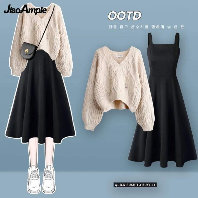 Womens Autumn Winter Suit Loose Hole Sweater Dress Two Piece Korean Elegant V-Neck Knit Pullover Strap Skirt Set 240829